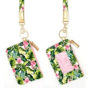 Flamingo And Palm Leaf Print Card / ID Holder Keychain With Lanyard
